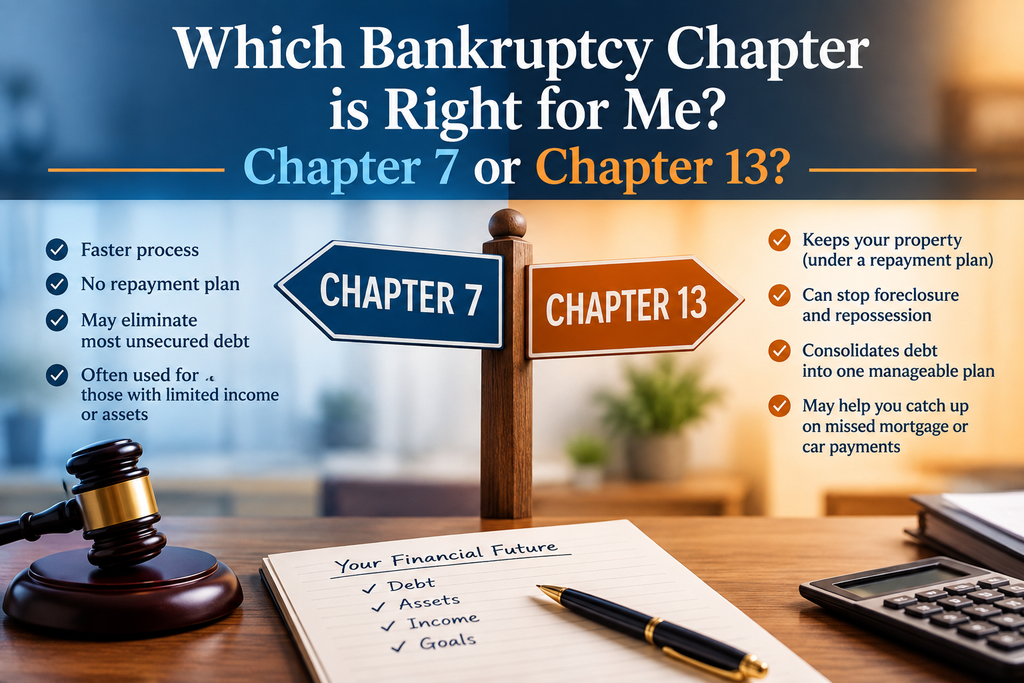 Chapter 7 or Chapter 13 bankruptcy comparison showing two paths for choosing the right bankruptcy option
