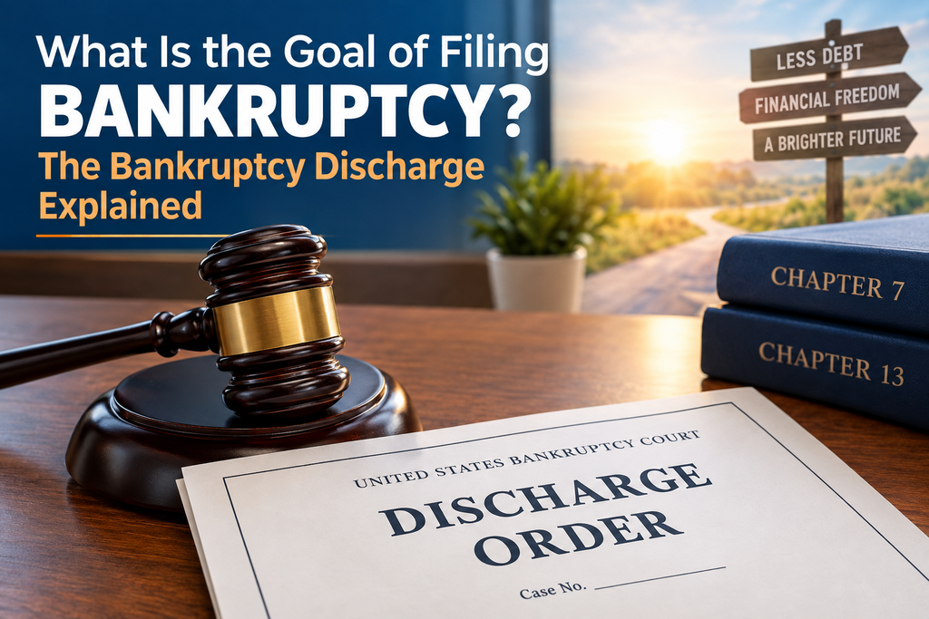 Bankruptcy discharge order with gavel and Chapter 7 and Chapter 13 books representing a fresh financial start