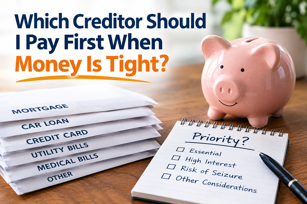 Pink piggy bank beside a stack of bills labeled mortgage, car loan, credit card, utilities, and medical bills, with a notebook asking which creditor to prioritize when money is tight.