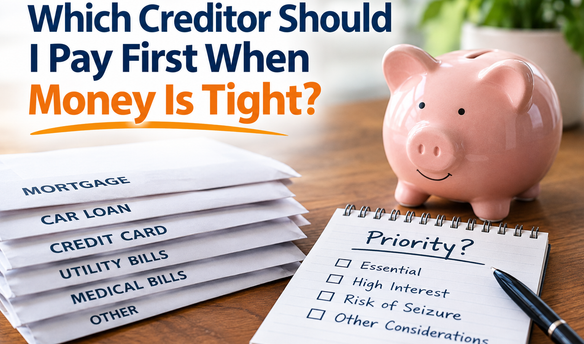 Pink piggy bank beside a stack of bills labeled mortgage, car loan, credit card, utilities, and medical bills, with a notebook asking which creditor to prioritize when money is tight.