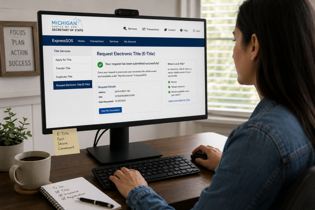 Woman obtaining her E-Title from the Michigan Secretary of State Website
