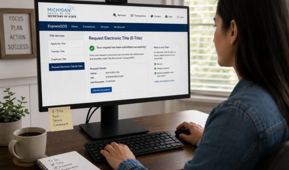 Woman obtaining her E-Title from the Michigan Secretary of State Website
