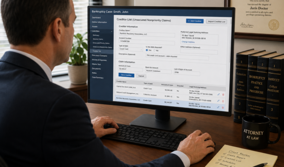 Bankruptcy Attorney properly listing creditors in his bankruptcy software on his computer