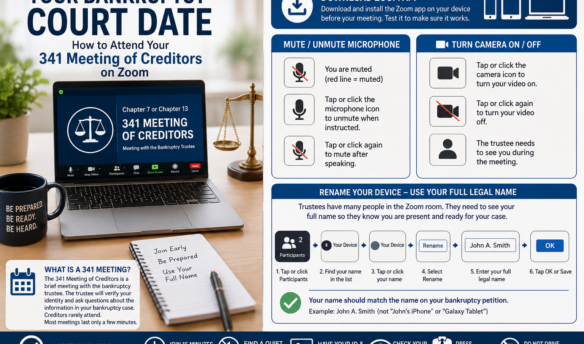 One of the most common questions we receive from bankruptcy clients is, "When is my court date?" In a Chapter 7 or Chapter 13 bankruptcy case, your required court appearance is called a 341 Meeting of Creditors. While many people still think they must appear in a courtroom before a judge, that is no longer the case for most bankruptcy filers in the Eastern District of Michigan and many other jurisdictions across the country. Today, bankruptcy 341 meetings are generally conducted through Zoom video conferencing, allowing debtors to attend from the comfort of their home, office, or another quiet location. What Is a 341 Meeting of Creditors? The 341 Meeting of Creditors is a brief hearing conducted by the bankruptcy trustee assigned to your case. The trustee will verify your identity and ask a series of questions under oath regarding the information contained in your bankruptcy petition. Despite its name, creditors rarely attend these meetings. Most meetings last only a few minutes. Prepare Before the Meeting To avoid last-minute technical issues, we recommend: Download the Zoom App Before Your Meeting While Zoom can sometimes be accessed through a web browser, the safest option is to download and install the Zoom application on your device before your scheduled meeting. You can install Zoom on: Smartphones Tablets Laptop computers Desktop computers Download the app at least a day before your meeting and test it to make sure it works properly. How to Mute and Unmute Your Microphone When you first enter the Zoom meeting, your microphone should generally remain muted until your case is called. Look for the microphone icon at the bottom of your screen. If there is a red line through the microphone, you are muted. Tap or click the microphone icon to unmute yourself when instructed by the trustee. Tap or click it again to mute yourself after speaking. Keeping your microphone muted helps eliminate background noise and allows the trustee to conduct meetings efficiently. How to Turn Your Camera On and Off The trustee must be able to see you during the meeting. Look for the camera icon on your Zoom screen. Tap or click the camera icon to turn your video on. Tap or click it again to turn your video off. Before the meeting begins, make sure your camera is working and positioned so your face can be clearly seen. Use Your Full Legal Name One of the most important things you can do is make sure your Zoom display name matches the name on your bankruptcy case. Trustees often have dozens of people waiting in the virtual meeting room. They need to quickly identify who is present and ready for their case to be called. If your device displays: "John's iPhone" "Galaxy S25" "Walter's Laptop" "Mom's Tablet" the trustee may not know who you are. Instead, your display name should be your full legal name, such as: John A. Smith or Mary Jones How to Rename Yourself in Zoom After joining the Zoom meeting: Tap or click Participants. Find your name in the participant list. Tap or click your name. Select Rename. Enter your full legal name exactly as it appears on your bankruptcy petition. Click OK or Save. Once renamed, the trustee can easily see that you are present and ready for your case to be called. Additional Tips for a Successful Zoom Bankruptcy Hearing Join the meeting at least 15 minutes early. Use a quiet location free from distractions. Have your government-issued photo ID available. Have your Social Security card or approved proof of Social Security number available. Make sure your device is fully charged or plugged in. Test your internet connection beforehand. Dress appropriately and treat the meeting as you would an in-person court appearance. Do not drive during the meeting. We Help Clients Prepare At the Law Offices of Walter Metzen, we make sure every client understands exactly what to expect before their 341 Meeting of Creditors. We provide detailed instructions, Zoom links, and preparation guidance so that the process goes smoothly and stress-free. If you are considering filing Chapter 7 or Chapter 13 bankruptcy and have questions about the process, contact our office for a free consultation.