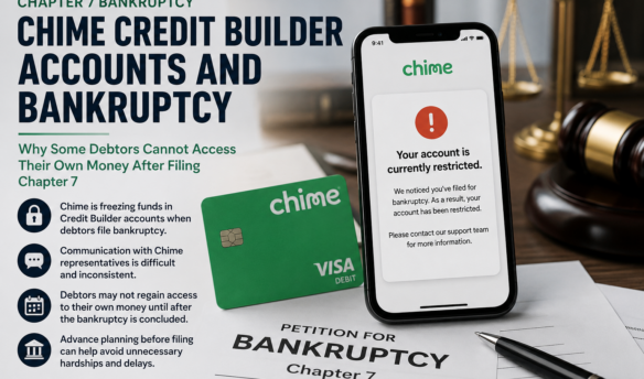 Smartphone displaying a restricted Chime Credit Builder account beside a Chapter 7 bankruptcy petition, gavel, and scales of justice, illustrating how some bankruptcy debtors experience frozen funds after filing Chapter 7 bankruptcy.