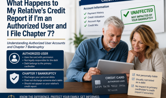 Couple reviewing a credit report while learning how Chapter 7 bankruptcy affects an authorized user on a relative's credit card without impacting the primary cardholder's credit.