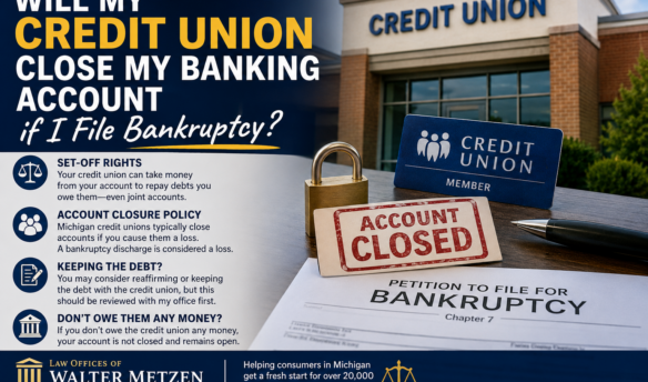 Credit union building with bankruptcy petition illustrating whether a credit union can close a member's bank account after filing Chapter 7 bankruptcy.