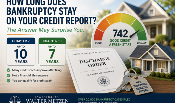 Illustration of a rising credit score next to a bankruptcy discharge order and a family receiving the keys to a new home, symbolizing financial recovery after Chapter 7 or Chapter 13 bankruptcy.