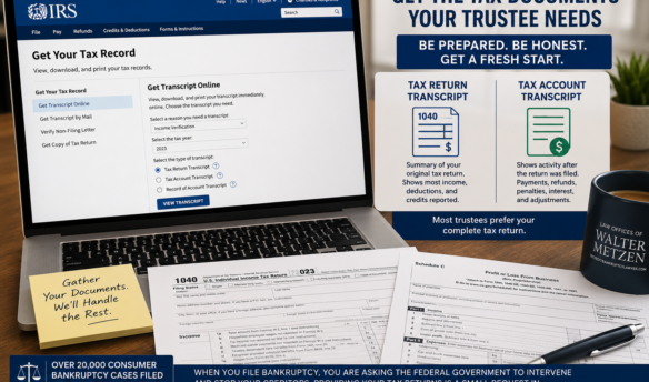 A laptop displaying the IRS "Get Your Tax Record" webpage sits beside a completed federal Form 1040 and tax documents on a professional office desk. An informational graphic compares a Tax Return Transcript with a Tax Account Transcript, illustrating the documents commonly requested by a Chapter 7 bankruptcy trustee before a bankruptcy discharge.
