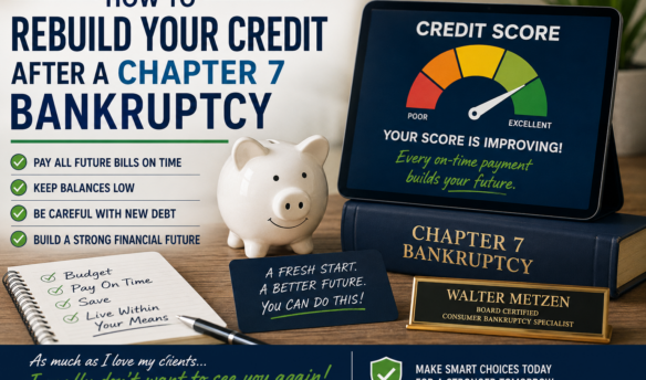 Illustration promoting credit rebuilding after Chapter 7 bankruptcy, featuring a rising credit score gauge, piggy bank, financial checklist, and Chapter 7 bankruptcy law book. The image emphasizes paying bills on time, using credit responsibly, and achieving a financial fresh start after bankruptcy