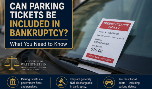 Unpaid parking ticket tucked under a vehicle windshield illustrating that parking tickets generally cannot be discharged in bankruptcy.
