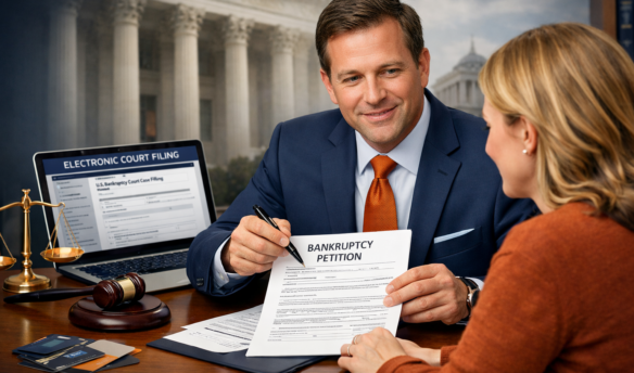 Attorney reviewing a petition with a client before he is going to electronically file it