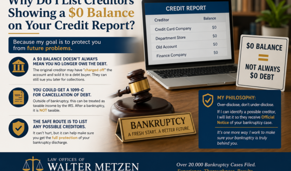 A bankruptcy attorney reviews a client's credit report showing several $0 balance accounts while explaining why charged-off debts and possible creditors should still receive official notice of a Chapter 7 bankruptcy filing to protect against future debt buyers, collection lawsuits, and IRS cancellation-of-debt tax issues.