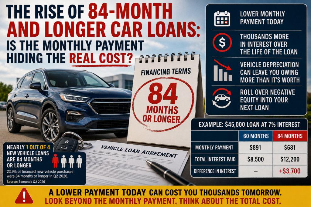 Infographic showing the rise of 84-month and longer car loans, including lower monthly payments, higher interest costs, vehicle depreciation, negative equity, and a comparison of 60-month versus 84-month financing.