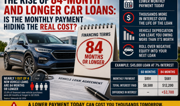 Infographic showing the rise of 84-month and longer car loans, including lower monthly payments, higher interest costs, vehicle depreciation, negative equity, and a comparison of 60-month versus 84-month financing.