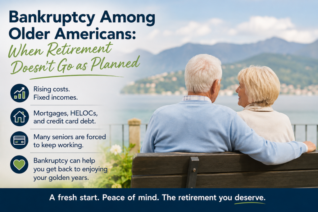 Older retired couple sitting together beside a peaceful lake, representing bankruptcy among older Americans, retirement debt and the opportunity for a financial fresh start.