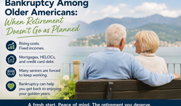 Older retired couple sitting together beside a peaceful lake, representing bankruptcy among older Americans, retirement debt and the opportunity for a financial fresh start.