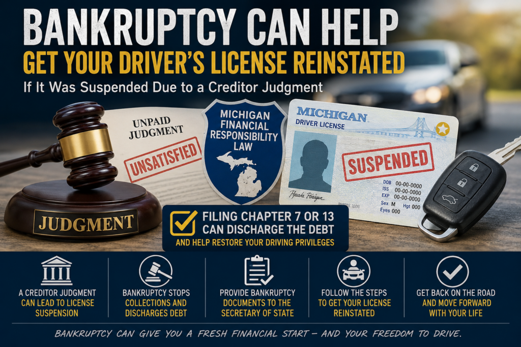 Michigan driver’s license marked suspended beside an unpaid creditor judgment and bankruptcy documents, illustrating how Chapter 7 or Chapter 13 bankruptcy may help reinstate a suspended driver’s license.