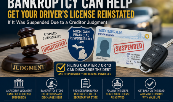 Michigan driver’s license marked suspended beside an unpaid creditor judgment and bankruptcy documents, illustrating how Chapter 7 or Chapter 13 bankruptcy may help reinstate a suspended driver’s license.