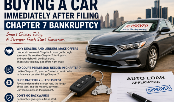 Buying a car immediately after filing Chapter 7 bankruptcy with approved auto loan and car keys.