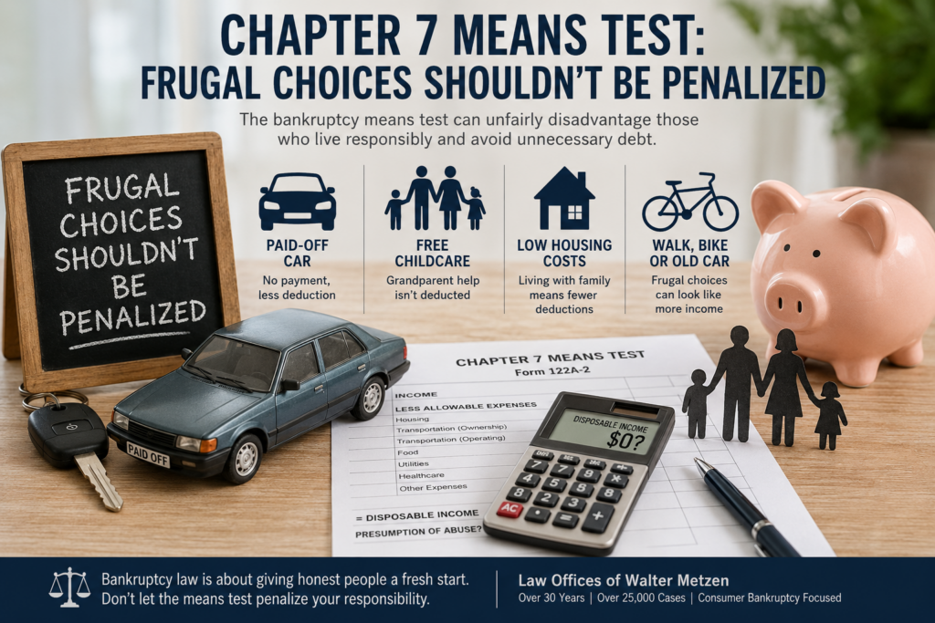 Chapter 7 means test showing how frugal choices such as driving a paid-off car, sharing a vehicle, and using free family childcare can affect bankruptcy expense deductions