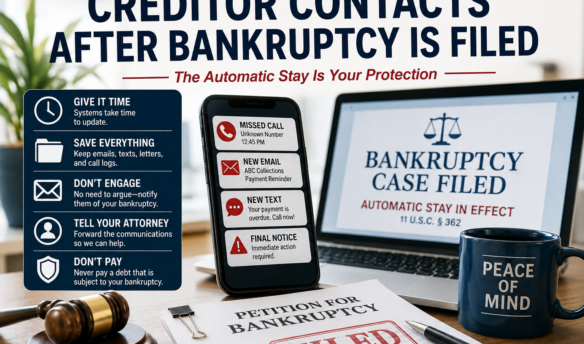 Creditor contacts after bankruptcy filing showing automated collection calls, emails and text messages while the bankruptcy automatic stay provides protection.