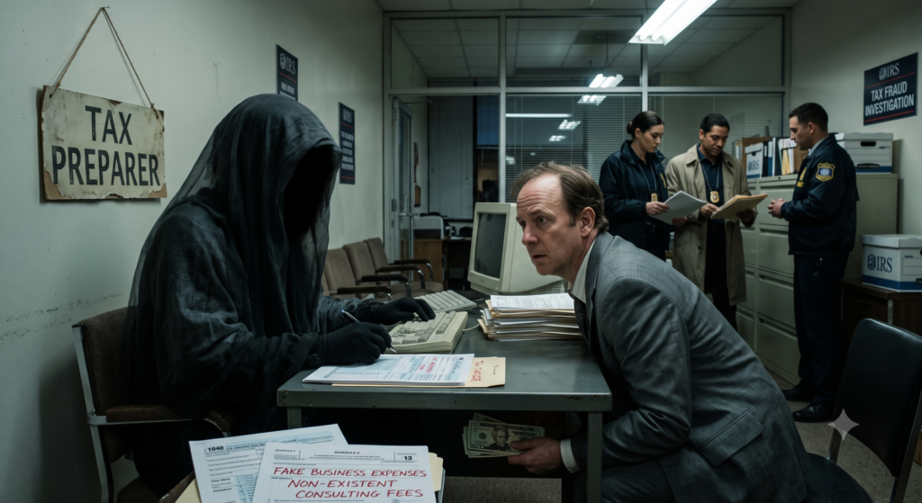 Illustration of a shadowy ghost tax preparer taking cash from a taxpayer while filing a fraudulent tax return with fake business deductions as IRS agents investigate in the background.
