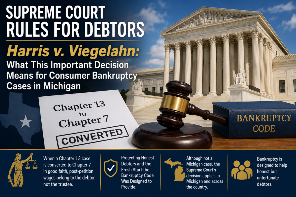Illustration of the U.S. Supreme Court, a bankruptcy code book, and a Chapter 13 to Chapter 7 conversion document representing the Supreme Court's Harris v. Viegelahn decision protecting debtors who convert bankruptcy cases in good faith.
