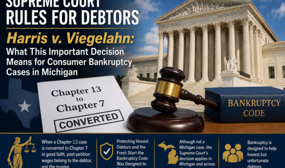 Illustration of the U.S. Supreme Court, a bankruptcy code book, and a Chapter 13 to Chapter 7 conversion document representing the Supreme Court's Harris v. Viegelahn decision protecting debtors who convert bankruptcy cases in good faith.