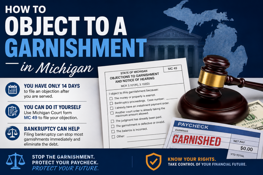 How to object to a garnishment in Michigan using MC 49, with a Michigan map, courthouse, garnishment form, paycheck and bankruptcy information