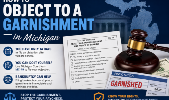 How to object to a garnishment in Michigan using MC 49, with a Michigan map, courthouse, garnishment form, paycheck and bankruptcy information