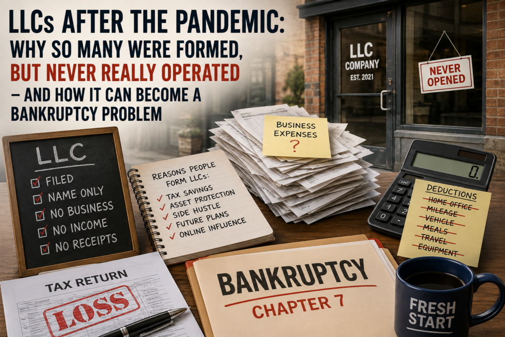 Illustration of an inactive LLC storefront with tax returns, business expense receipts, and bankruptcy paperwork representing how paper-only LLCs, unsupported tax deductions, and failed businesses can create problems in bankruptcy.