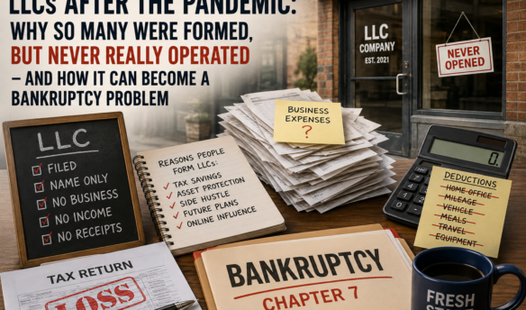 Illustration of an inactive LLC storefront with tax returns, business expense receipts, and bankruptcy paperwork representing how paper-only LLCs, unsupported tax deductions, and failed businesses can create problems in bankruptcy.