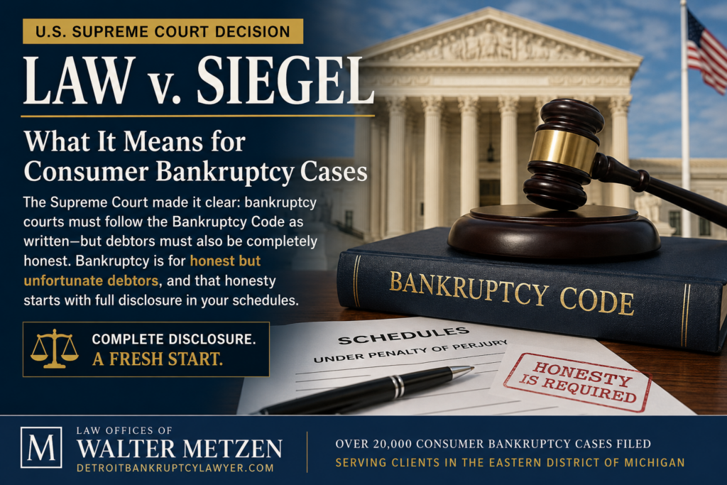 Graphic illustrating the U.S. Supreme Court's Law v. Siegel decision, featuring a bankruptcy code book, judge's gavel, bankruptcy schedules, and an emphasis on honesty and full disclosure in consumer bankruptcy cases.