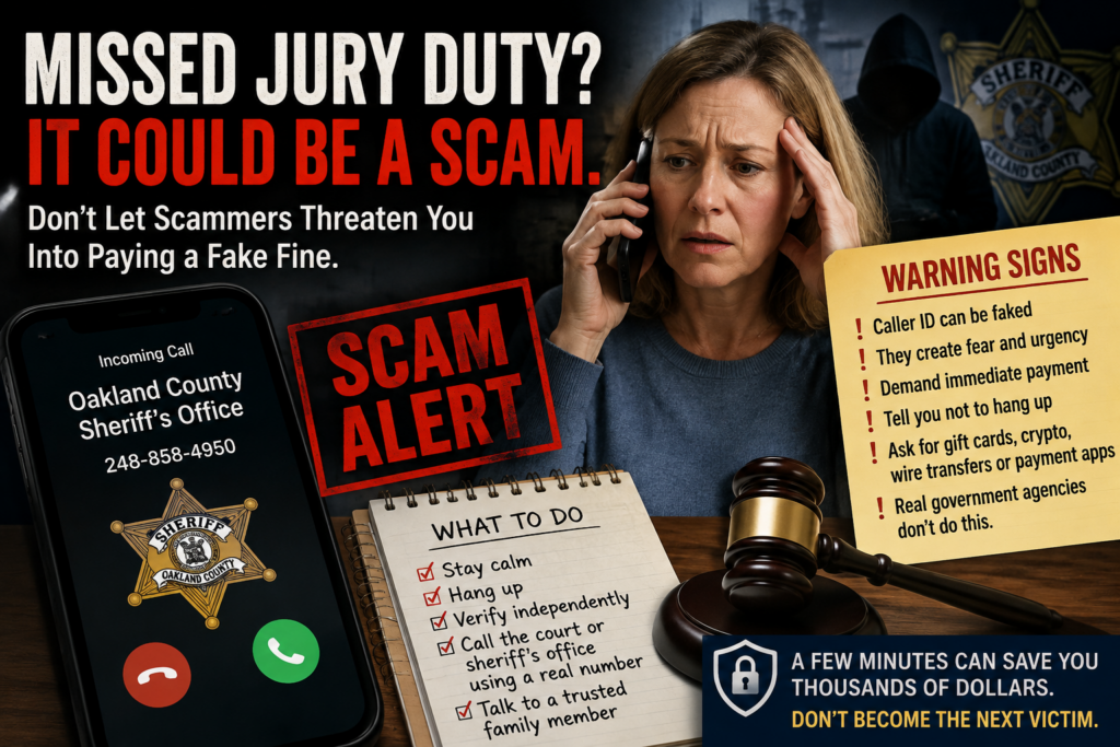 Warning graphic showing a spoofed call from the Oakland County Sheriff's Office, a worried woman on the phone, a 'Scam Alert' stamp, and tips for recognizing a missed jury duty phone scam demanding immediate payment