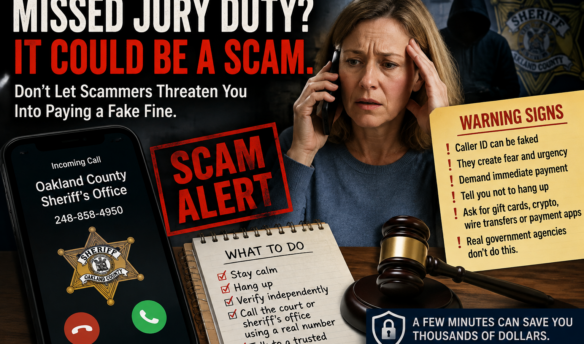 Warning graphic showing a spoofed call from the Oakland County Sheriff's Office, a worried woman on the phone, a 'Scam Alert' stamp, and tips for recognizing a missed jury duty phone scam demanding immediate payment