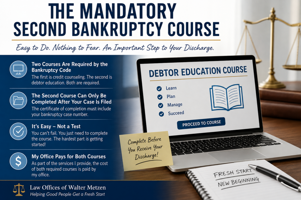 Mandatory second bankruptcy course showing a debtor education course on a laptop, bankruptcy documents, and scales of justice, with information about completing the course before receiving a bankruptcy discharge.
