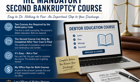 Mandatory second bankruptcy course showing a debtor education course on a laptop, bankruptcy documents, and scales of justice, with information about completing the course before receiving a bankruptcy discharge.
