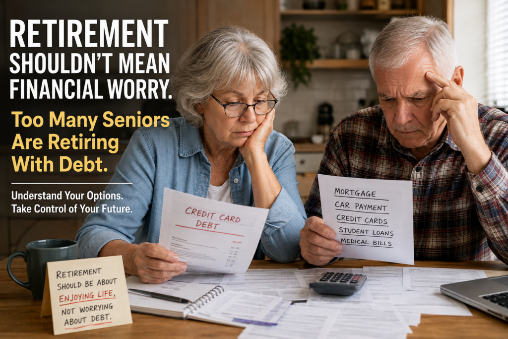 Retired couple reviewing household bills and credit card statements at their kitchen table, looking concerned about finances while planning retirement.