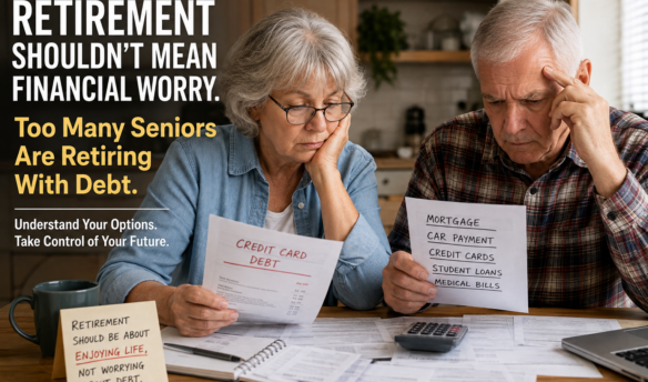 Retired couple reviewing household bills and credit card statements at their kitchen table, looking concerned about finances while planning retirement.