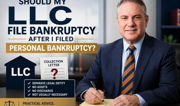 Attorney Walter Metzen explaining whether an LLC should file bankruptcy after the owner receives a personal bankruptcy discharge, with an LLC, collection letter and Chapter 7 bankruptcy concepts shown.