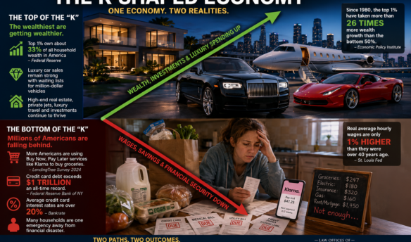 Illustration of a K-shaped economy showing luxury wealth rising while middle-class families struggle with debt and grocery payments.