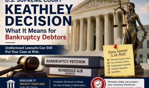 Illustration of the U.S. Supreme Court building with Lady Justice, a gavel, and bankruptcy petition documents labeled 'Schedule A/B (Assets),' highlighting the Supreme Court's Keathley decision and the importance of disclosing personal injury claims and lawsuits in bankruptcy to avoid judicial estoppel and protect a debtor's legal rights.