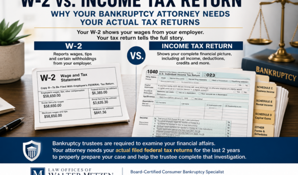 W-2 vs income tax return showing why bankruptcy attorneys and trustees need the debtor’s actual federal tax returns for the last two years.
