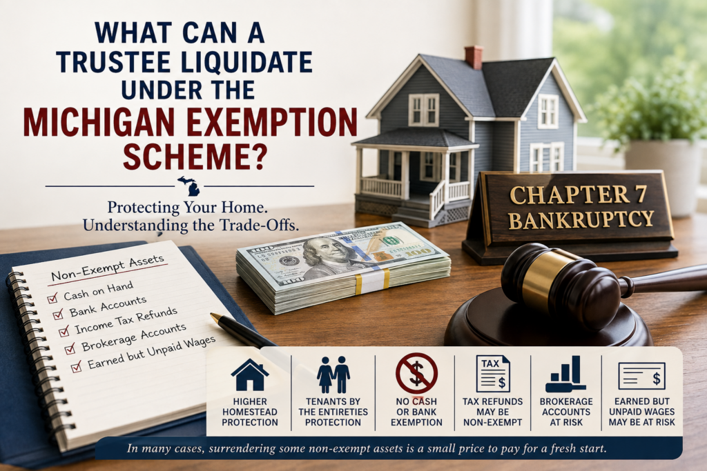 Chapter 7 bankruptcy trustee liquidation under Michigan exemptions, showing a Michigan home, cash, bank accounts, tax refund, brokerage account and unpaid wages alongside homestead protection.