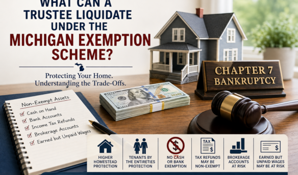Chapter 7 bankruptcy trustee liquidation under Michigan exemptions, showing a Michigan home, cash, bank accounts, tax refund, brokerage account and unpaid wages alongside homestead protection.