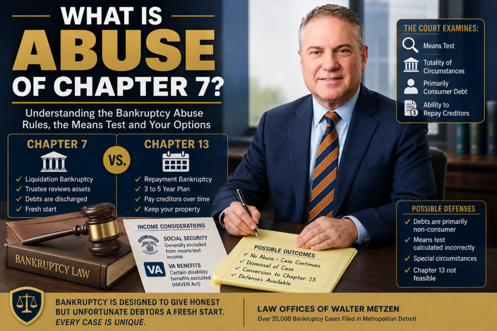 Attorney Walter Metzen explaining Chapter 7 bankruptcy abuse, the means test, Chapter 7 versus Chapter 13, Social Security and VA benefits, and possible defenses to a motion to dismiss.