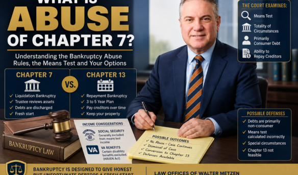Attorney Walter Metzen explaining Chapter 7 bankruptcy abuse, the means test, Chapter 7 versus Chapter 13, Social Security and VA benefits, and possible defenses to a motion to dismiss.