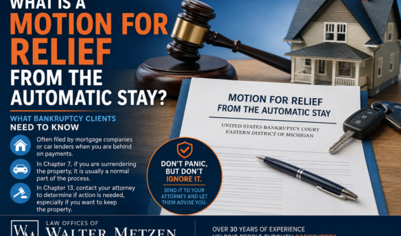 Motion for Relief from the Automatic Stay bankruptcy document with a gavel, house and car keys, explaining what bankruptcy clients need to know.