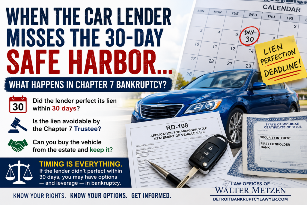 Chapter 7 bankruptcy and vehicle lien perfection showing a car, Michigan RD-108 title application, 30-day deadline calendar, and Chapter 7 Trustee options when an auto lender misses the lien perfection safe harbor.